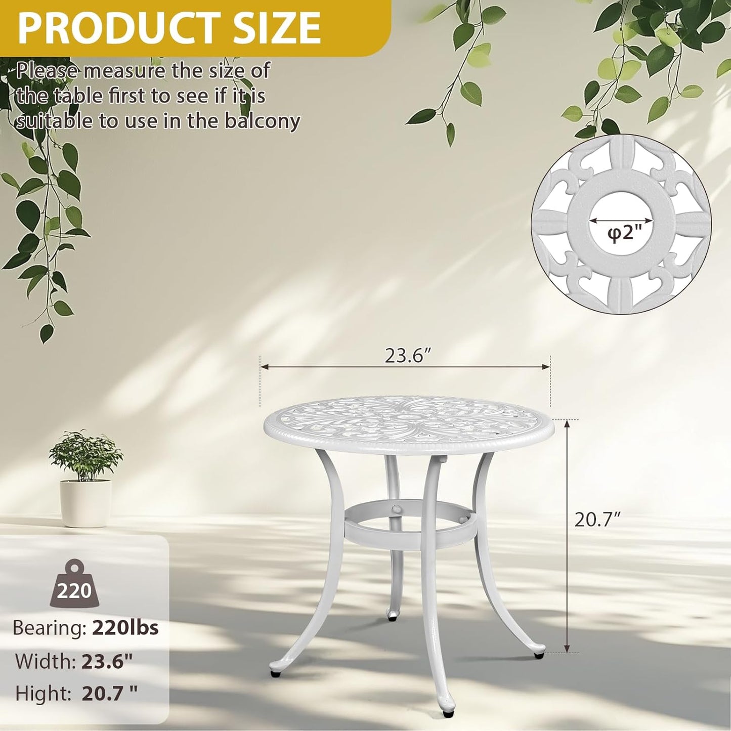 Outvita Patio Side Table, 23.6in Outdoor Round Cast Aluminum Bistro Table with Umbrella Hole and Antique Design for Backyard Porch Pool Balcony Deck White