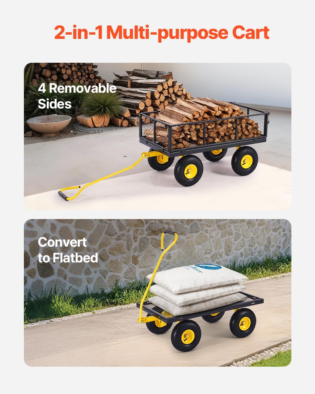 VEVOR 900 Lbs Heavy Duty Steel Garden Cart, Garden Wagon Cart on Wheels, Outdoor Metal Yard Utility Wagon Carts with 10" Tires and Mesh Removable Sides(Convert to Flatbed) and 180°Rotating Handle