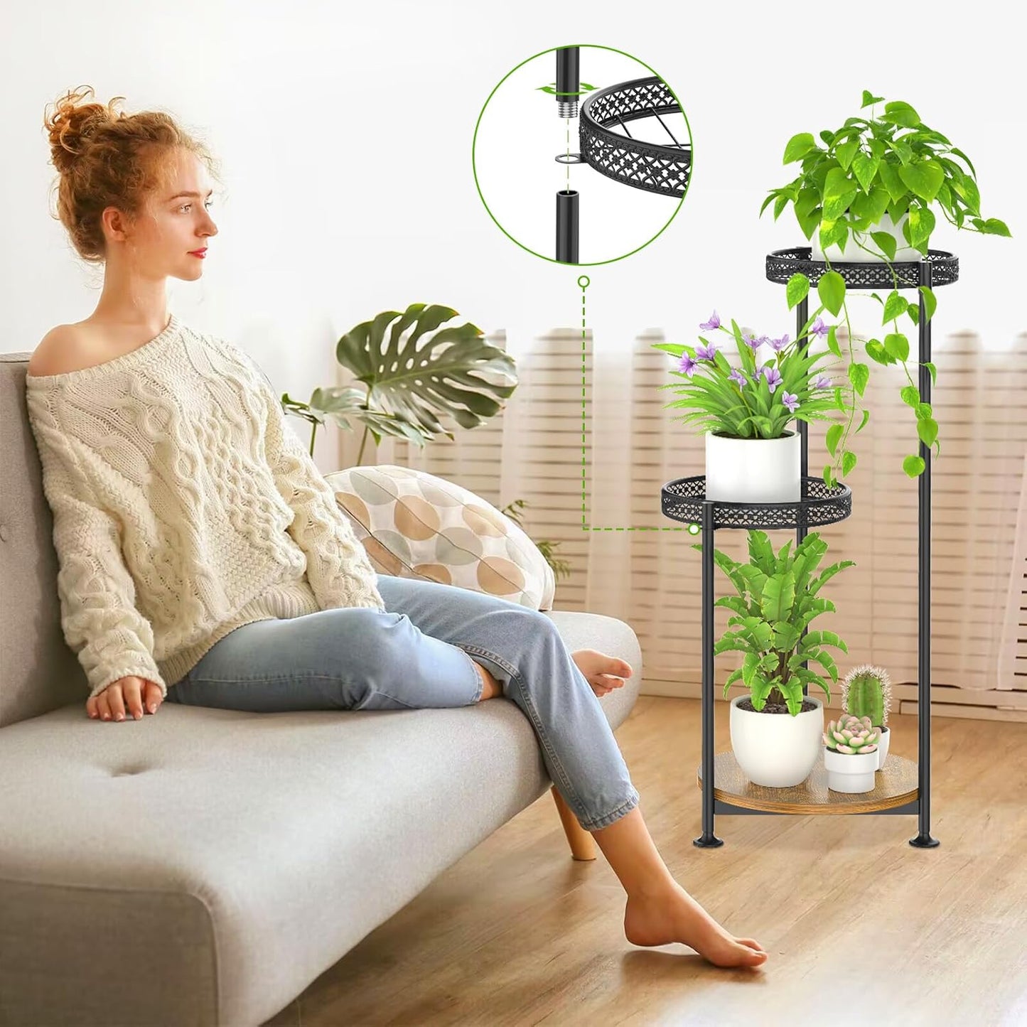 3 Tier Large Plant Stand Indoor Outdoor Clearance, Metal Flower Shelf Pot Holder, 10in Wide Multiple Plants Tall Corner Display Rack for Patio Orchid Office Porch Living Room Garden, Black
