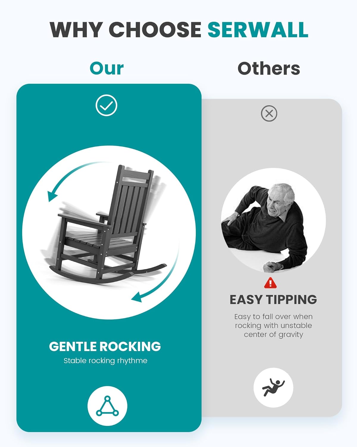 SERWALL HDPE Outdoor Rocking Chair Set of 6, Patio Rocking Chairs for Adults, All Weather Outdoor Rockers for Lawn, Grey