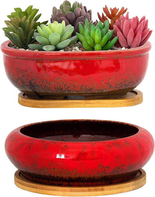 ARTKETTY Succulent Pots, 1 Rectangle Planter + 1 Ceramic Bonsai Pot with Drain Tray, 2 Pack Large Shallow Succulent Planters for Indoor Plants, Round Cactus Flower Plant Pot for Desk Windowsill Decor