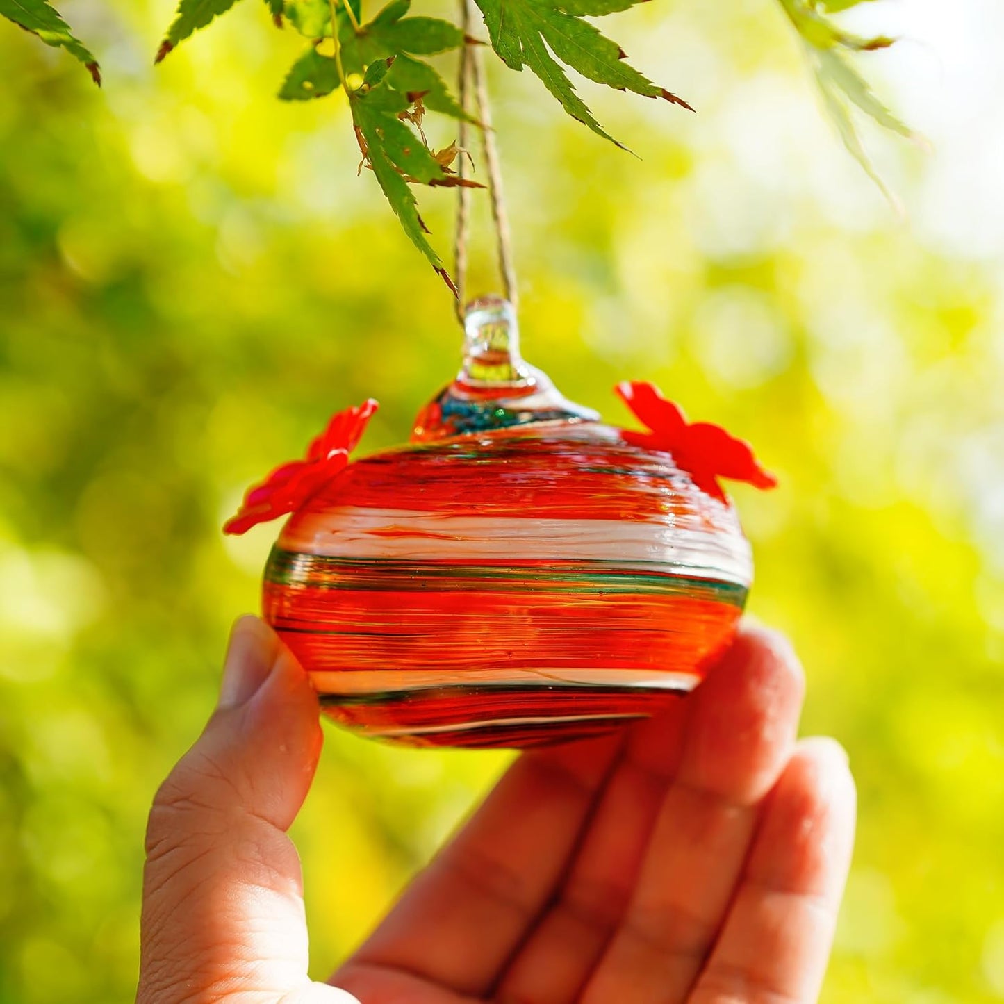 Small Glass Hummingbird Feeders for Outdoors Hanging Blown Glass Ball Humming Birds Feeder with 2 Feeding Ports for Outside Garden Patio Decor for Window