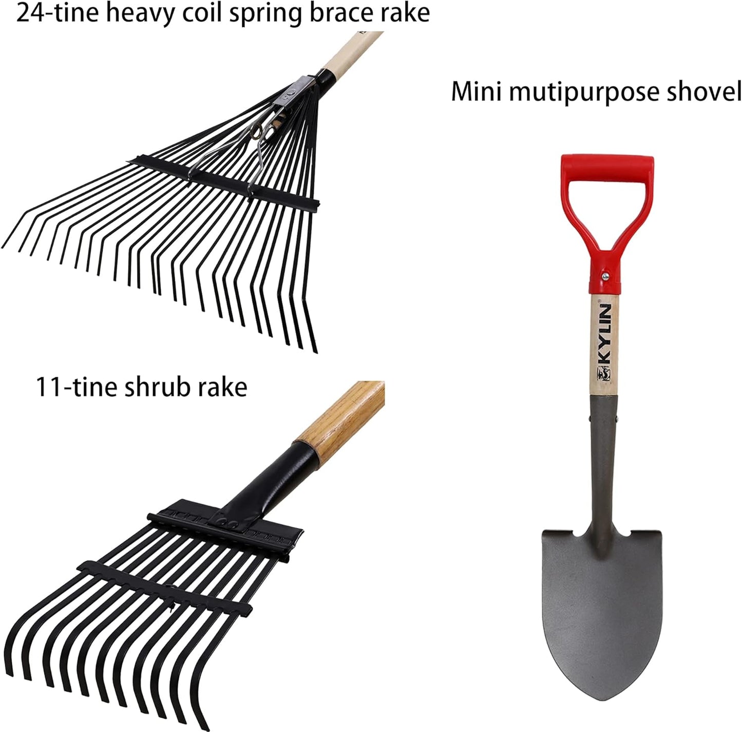 GardenAll 7-Piece Shovels Rakes Hoe Set Garden Tools Gifts for Women Long Wood Handle Pointy Shovels for Digging Short Handle Shovel Meteal Rakes Cultivator Set
