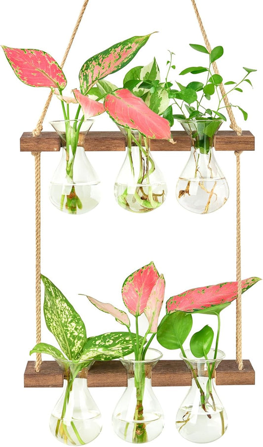 XXXFLOWER Wall Hanging Propagation Station with Wooden Stand 3 Bulb Vase 2 Tiered Planters Wall Terrarium for Home Office Plant Hanger Flower Vases Wall Decor(Brown)