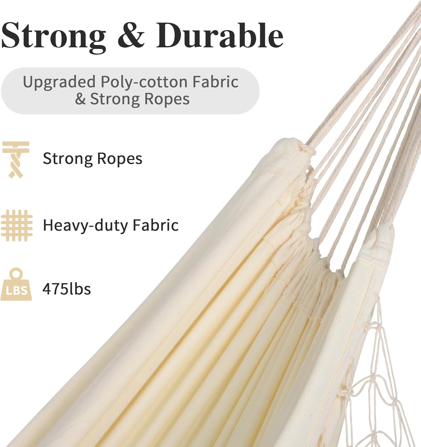 SUNCREAT Portable Camping Hammock for Outside, Heavy Duty 2 Person Hammock Bed for Tree, Beige with Tassels