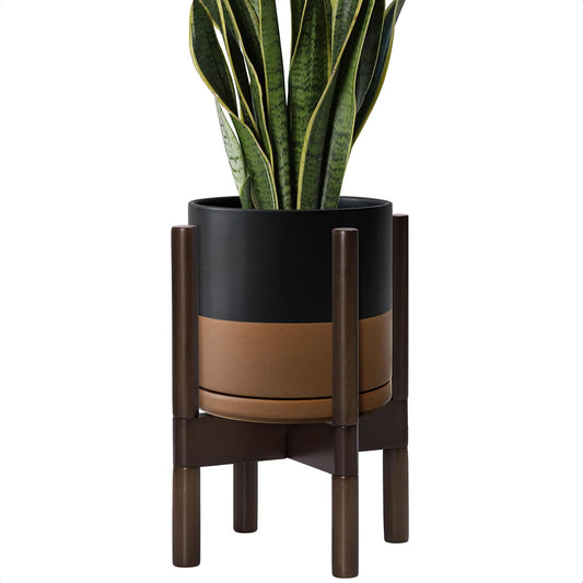 D'vine Dev Ceramic Planter with Walnut Color Stand - 8 Inch Modern Round Flower Pot with Wood Planter Holder, Black/Speckled Tan, 55-B-Y-7