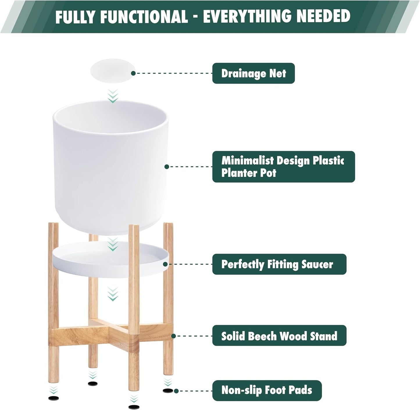 D'vine Dev Planter Pot with Stand - 8 Inch Plastic Cylinder Flower Pot with Wood Planter Holder for Indoor, Matte White Pot + Natural Stand, 55-C-J-1
