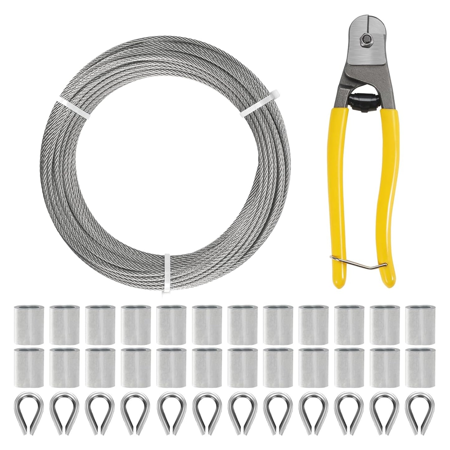 1/8 Inch Stainless Steel Cable Kit 100FT, 7 x 7 Strand Wire Rope with Aluminium Sleeves & Thimbles for Deck Railing, String Light Hanging, Shade Sail, Garden and DIY Projects