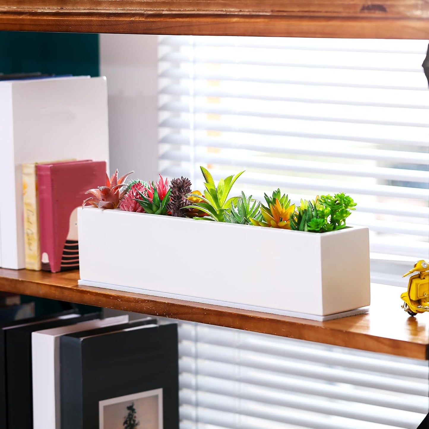 16.1 x 3.2 x 3.5 Inch Long Rectangular Planter Box Window Sill Plant Box Metal Water Trough Indoor Large Modern Steel with Drainage Holes Herb Garden Home(White)