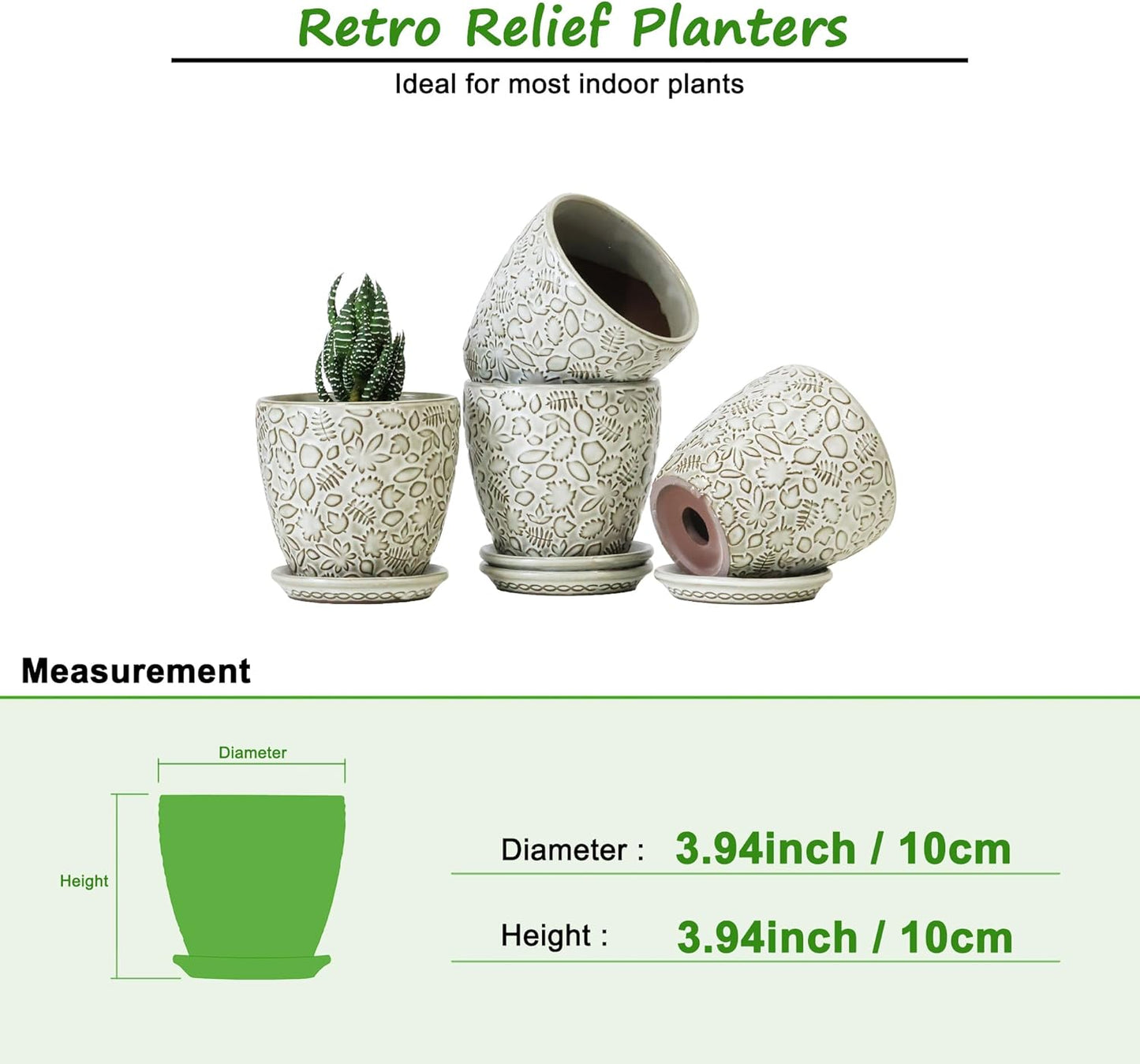 4 Inch Mini Plant Pots, Ceramic Succulent Planter with Drainage Hole and Saucers for Indoor Plants, Small Garden Pots for Succulent, Herb and Flower, Set of 4