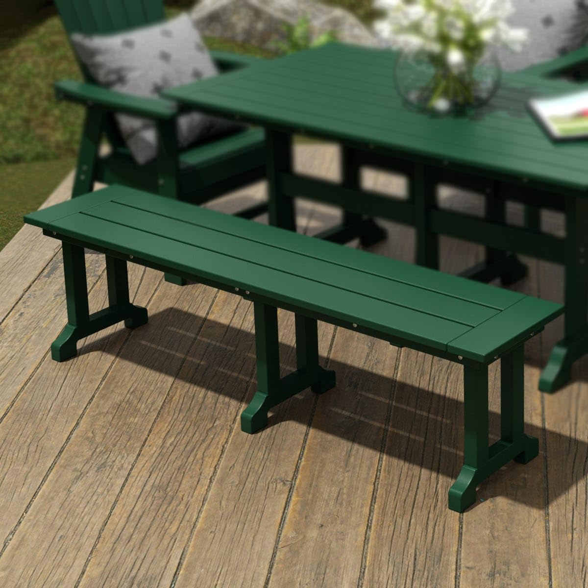WestinTrends Malibu 65" Outdoor Dining Bench, All Weather Resistant Poly Lumber Patio Garden Bench Trestle Long Bench for Both Outdoor and Indoor, Dark Green