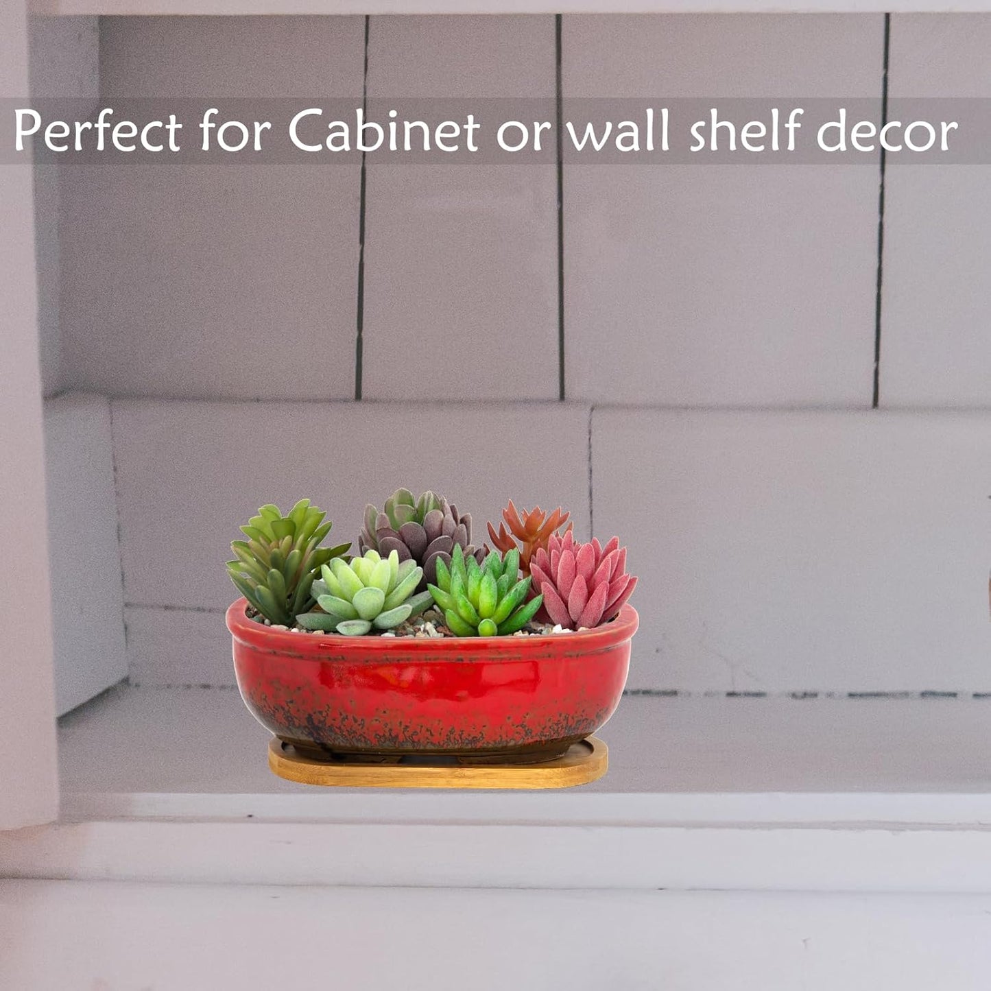 ARTKETTY Succulent Pots, 1 Rectangle Planter + 1 Ceramic Bonsai Pot with Drain Tray, 2 Pack Large Shallow Succulent Planters for Indoor Plants, Round Cactus Flower Plant Pot for Desk Windowsill Decor