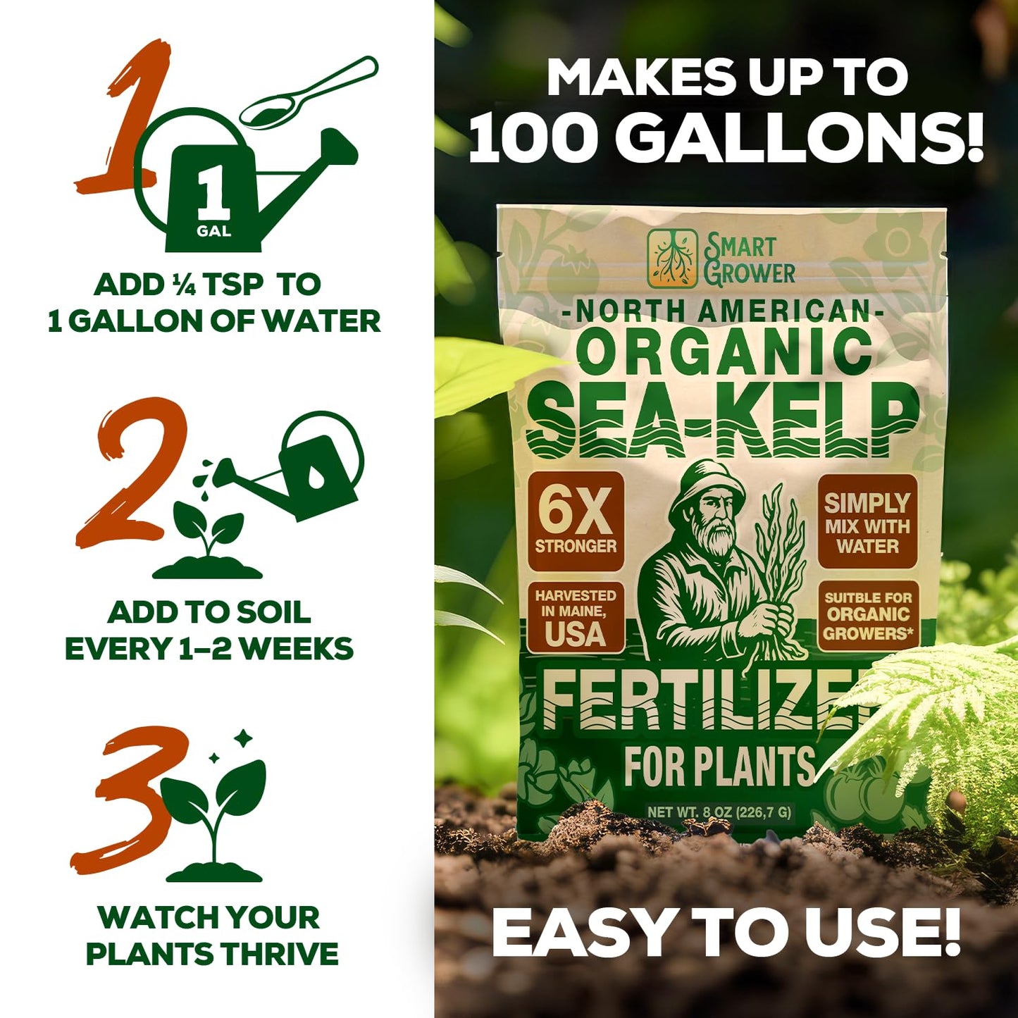 Organic Sea Kelp Fertilizer for Plants – Water-Soluble – Makes 200 Gallons – Kelp Meal Concentrate Plant Food – for Indoor Gardens, Hydroponics, Vegetables, Houseplants - Smart Grower - 8oz Bag