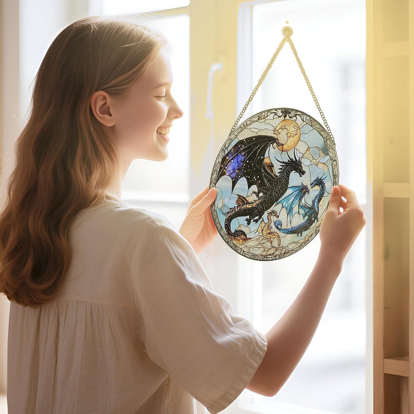 Dragon Stained Glass Window Hanging, 8 Inch Sun Catchers Indoor Window, Suncatchers for Windows Hanging, Home Decor and Christmas, Holiday, Mother's Day, Father's Day, Birthday Gifts for Women, Men