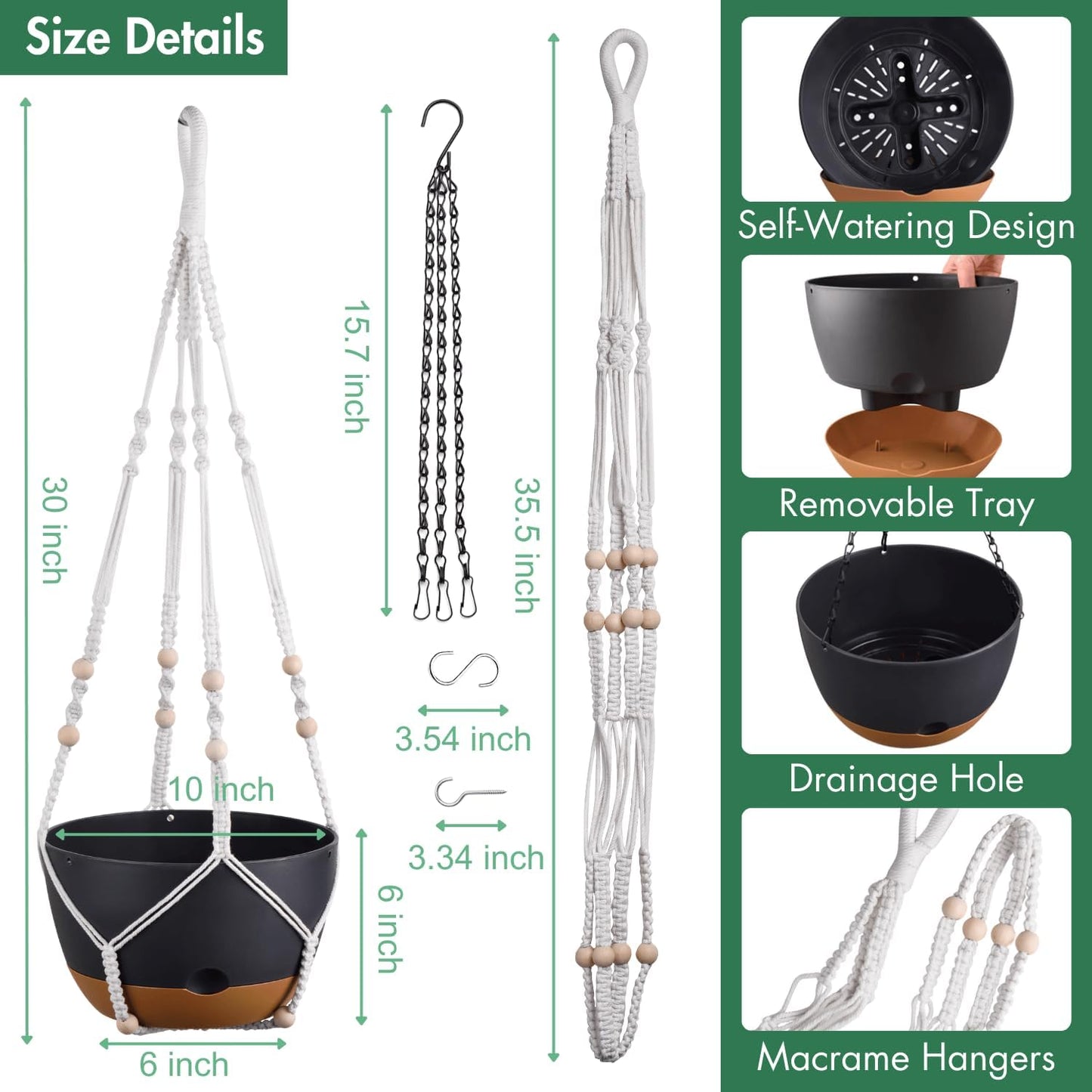 Set of 2-10 Inch Hanging Planters for Indoor Plants with Self-Watering Includes Hanging Pots for Plants, Outdoor Hanging Plant Pot with Drainage, and 2 Types of Hanging Baskets Hangers (Black, 10inch)