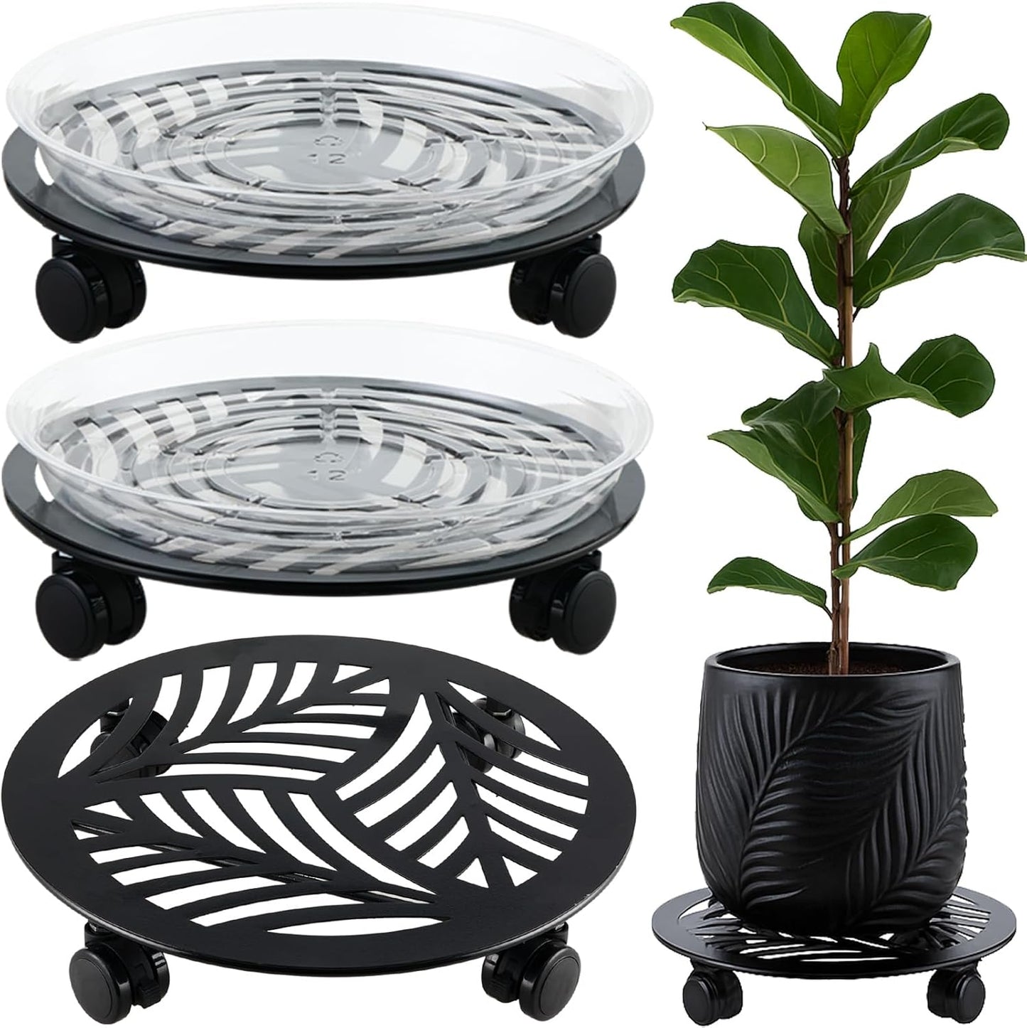 3 Packs 13 inches Large Metal Plant Caddy with PU Wheels Heav-duty Rolling Plant Stands Indoor Outdoor Wheeled Plant Dolly Coasters Flower Pot Mover Rollers Plant Trolley Cart, Plant Saucers Included