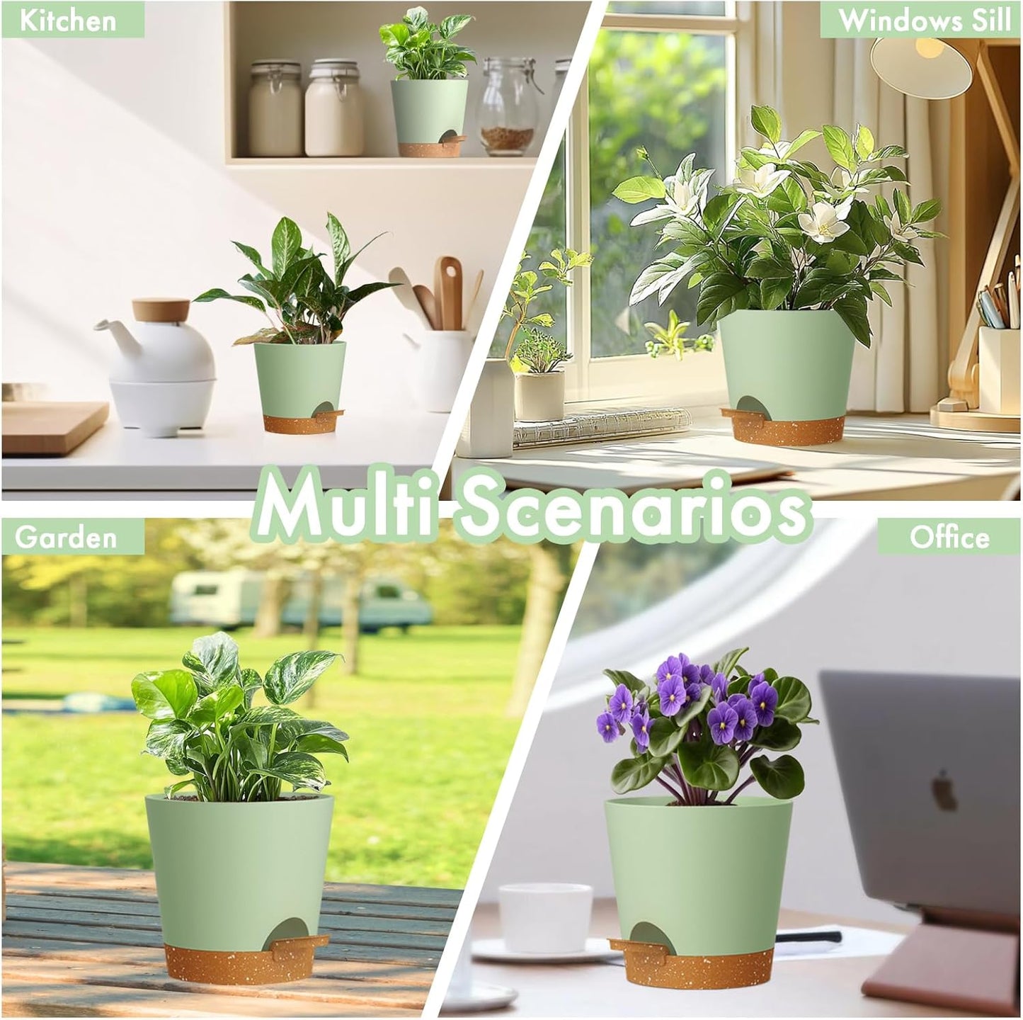 7/6.5/6/5.5/5/4 inch Self Watering Pots for Indoor Outdoor Plants, 6 Pack Plastic Flower Planters with Drainage Holes and Removable Saucers, Plant Pots with Wicking Rope, Green Brown