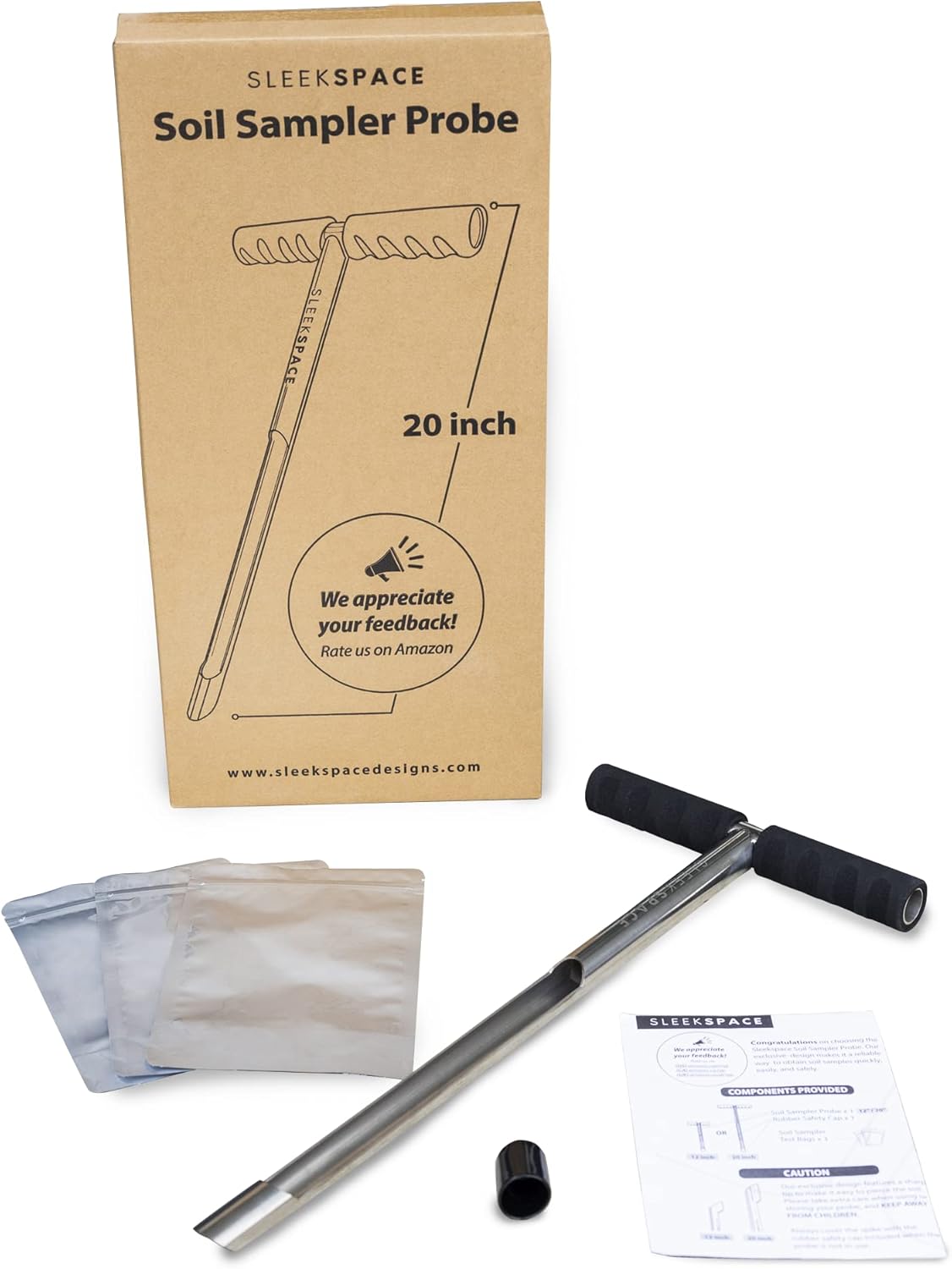 Sleekspace Soil Probe with Small Soil Sampler Bags. 20" Soil Sample Probe Rod. Patent Pending Ground Probe Design for Tidy Strata in Soil Test Sampling.