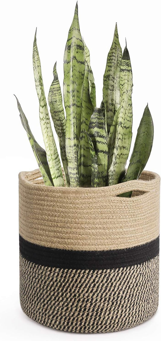 TIMEYARD Sturdy Jute Rope Plant Basket Modern Woven Baskets for 10" Flower Pot Floor Indoor Planters, 11” x 11” Storage Organizer Basket Rustic Home Decor, Black and Beige Stripes