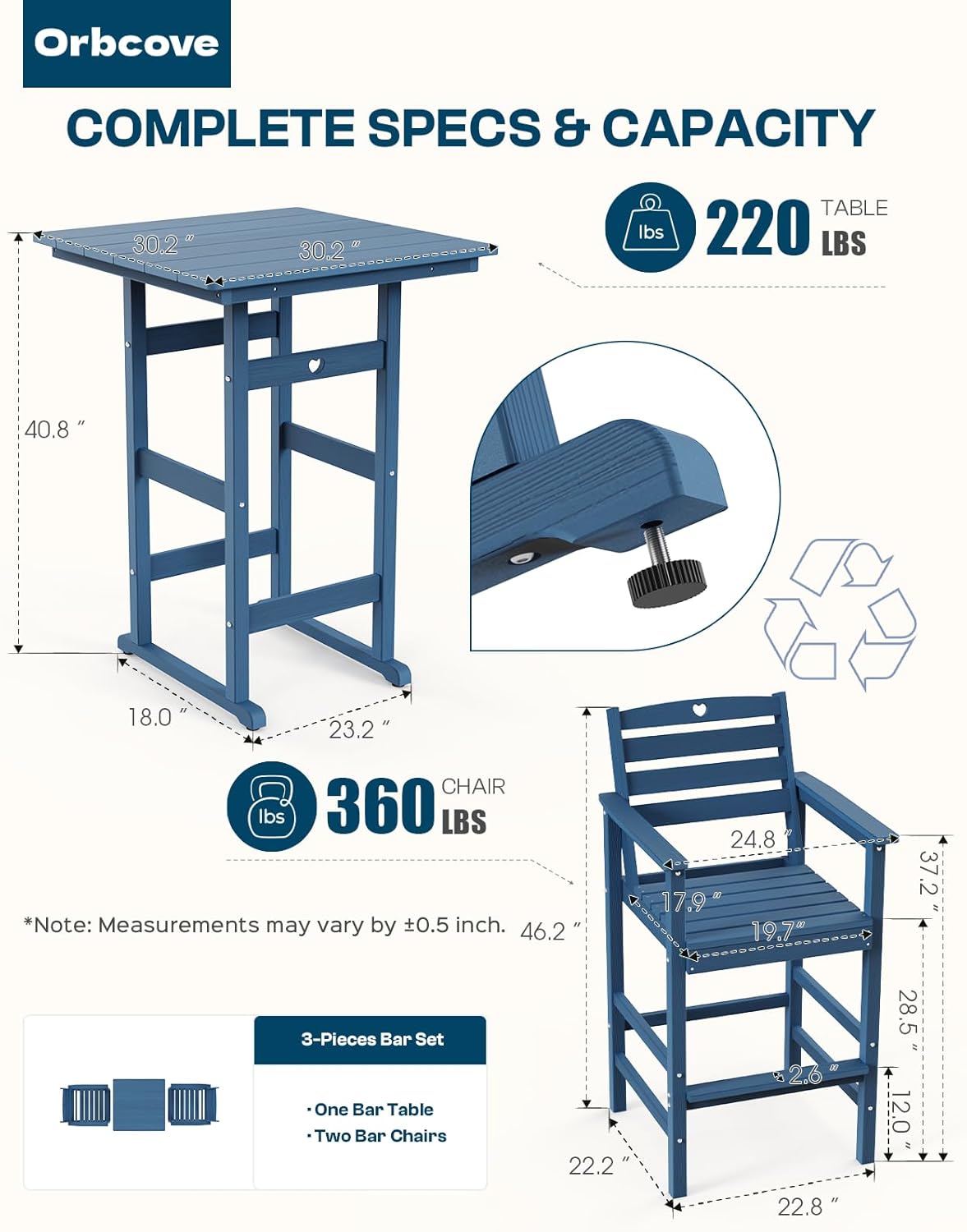 5-Piece Bar Height Outdoor Table and Chairs Set, HDPE Wood Grain Patio Bar Table and Chairs with Heart Cutout Design, Weather-Resistant Bar Height Furniture for Deck, Porch, Pool (Navy Blue)