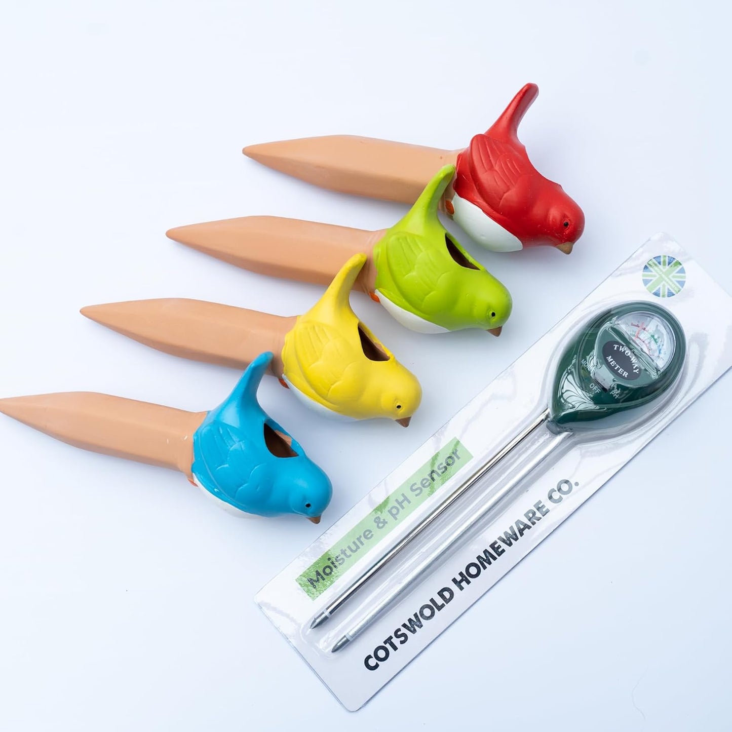 Plant Watering Devices, Plant Waterer Self Watering Terracotta Bird Spikes Automatically Water Indoor and Outdoor Plants While On Vacation (4pc) Plus Free Moisture and pH Sensor