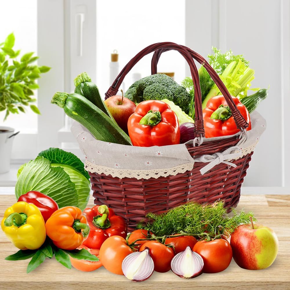 2 Pack Brown Wicker Basket with Linen Lining, 14 & 12 Inch Wicker Woven Picnic Basket with Handle for Picnic, Camping, Outdoor Party