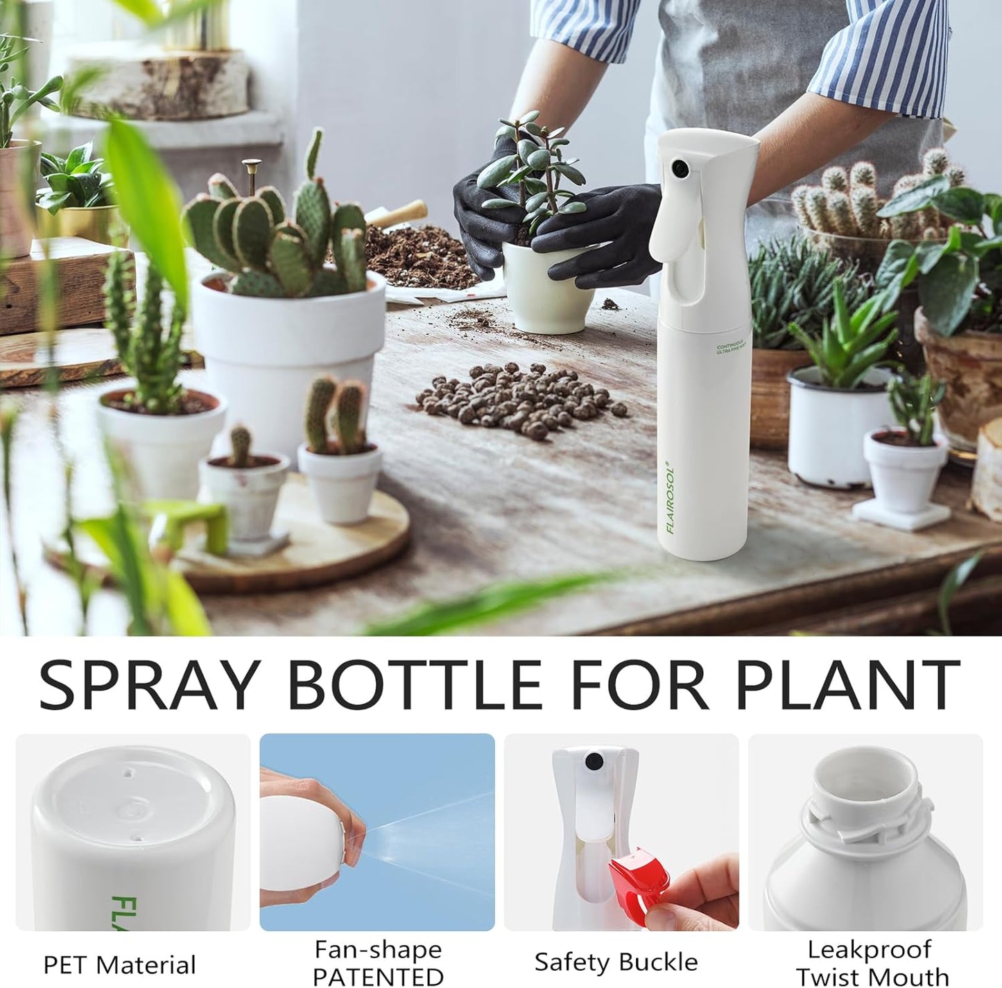 FLAIROSOL - The Original, Plant Mister Spray Bottle for Indoor and Gardens, Continuous Water Mist Sprayer for Plants, Flowers, Cleaning,10.1oz (White Bottle - Green Print)