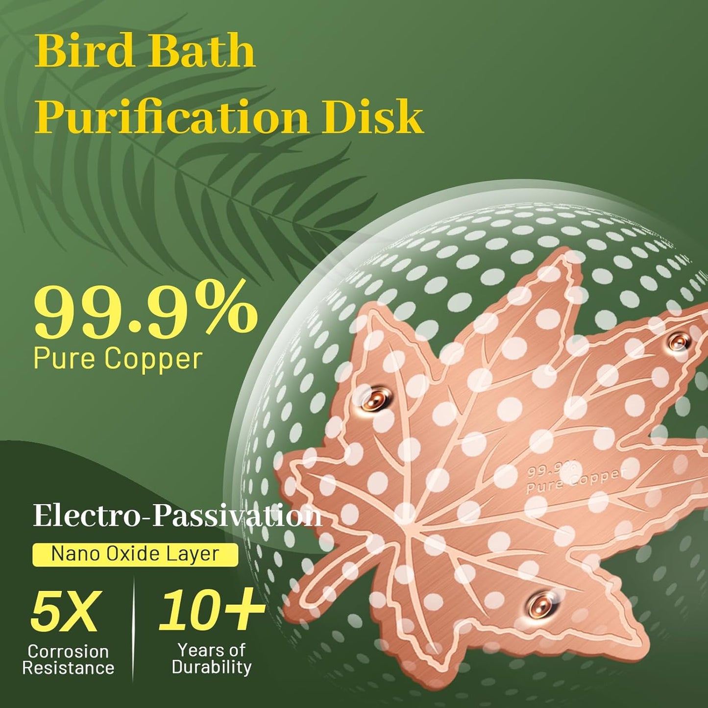 Bird Bath Copper Disk,Bird Bath Purification Disk 0.6mm Reinforced 99.99% Pure Copper Cleaning Disk with 3-Point Support,Fits Outdoor Birdbath & Bowl,Provide Safe Clean Water,Maple Leaf-1Pc
