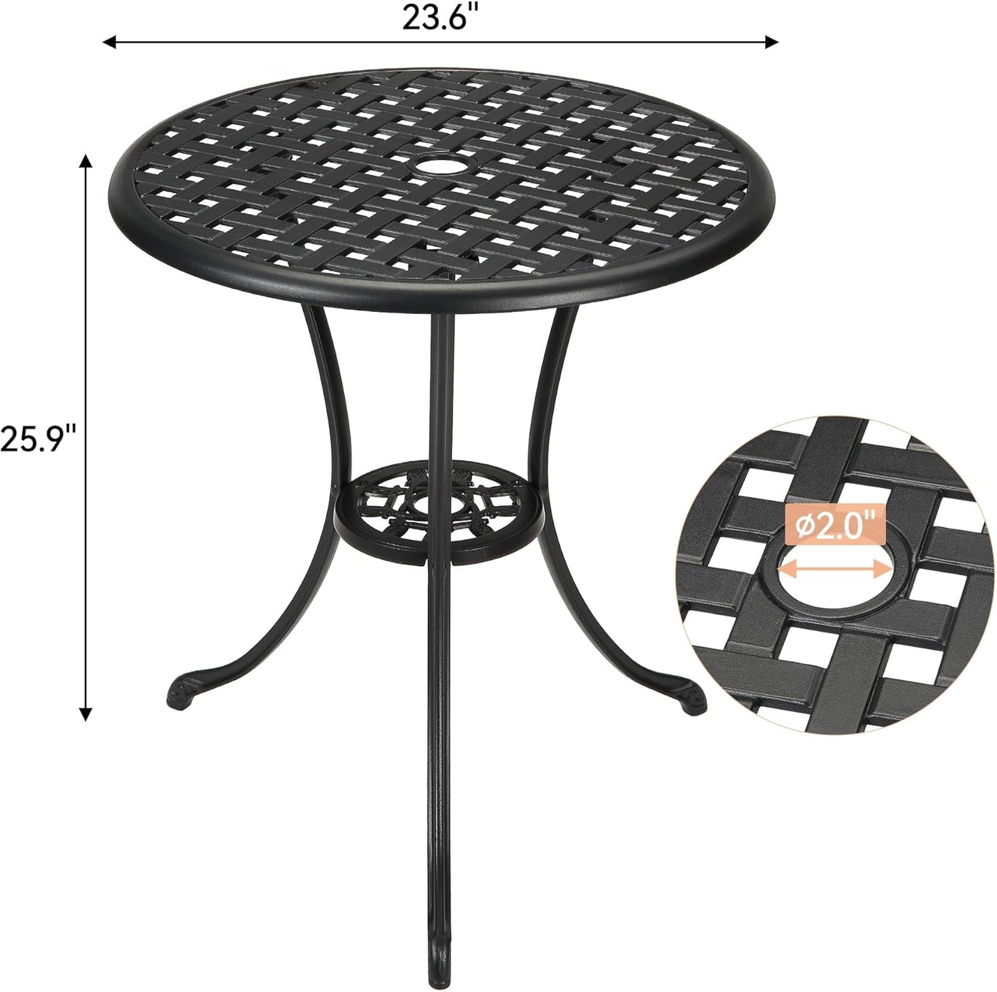 24" Outdoor Round Patio Bistro Table, Cast Aluminum Outdoor Cafe Table with 2 inch Umbrella Hole for Porch,Backyard,Garden, (Classic Square Pattern, Black)