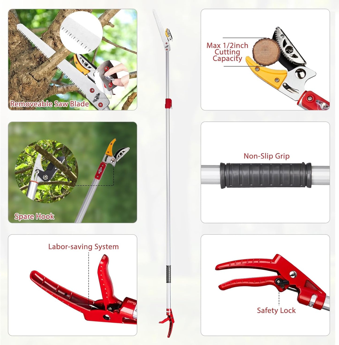 4-in-1 Pruners for Gardening, long handled pruners with Extendable Handle and Safety Lock, 4.4-7.2 Foot Telescopic Saw, Branch Trimmer and Fruit Picker with a Cutting Diameter of 1/2 Inch
