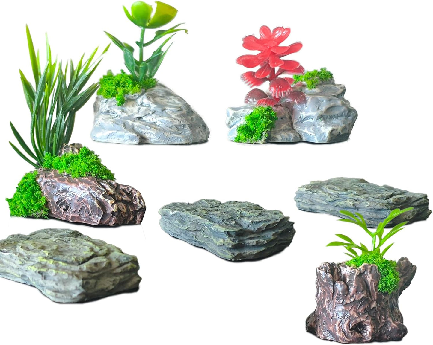 Miniature Fake Stone Rocks, Trees with Plants - 7 Piece Decorative Landscape Ornaments for Train Railway Sand Table Fairy Garden Accessories