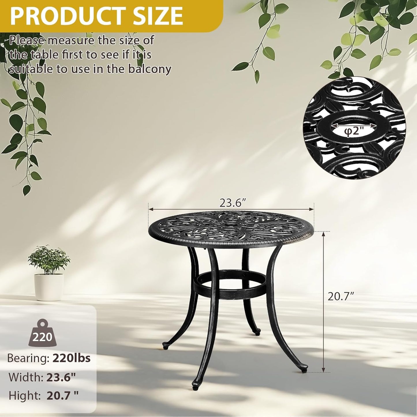 Outvita Patio Side Table, 23.6in Outdoor Round Cast Aluminum Bistro Table with Umbrella Hole and Antique Design for Backyard Porch Pool Balcony Deck Black