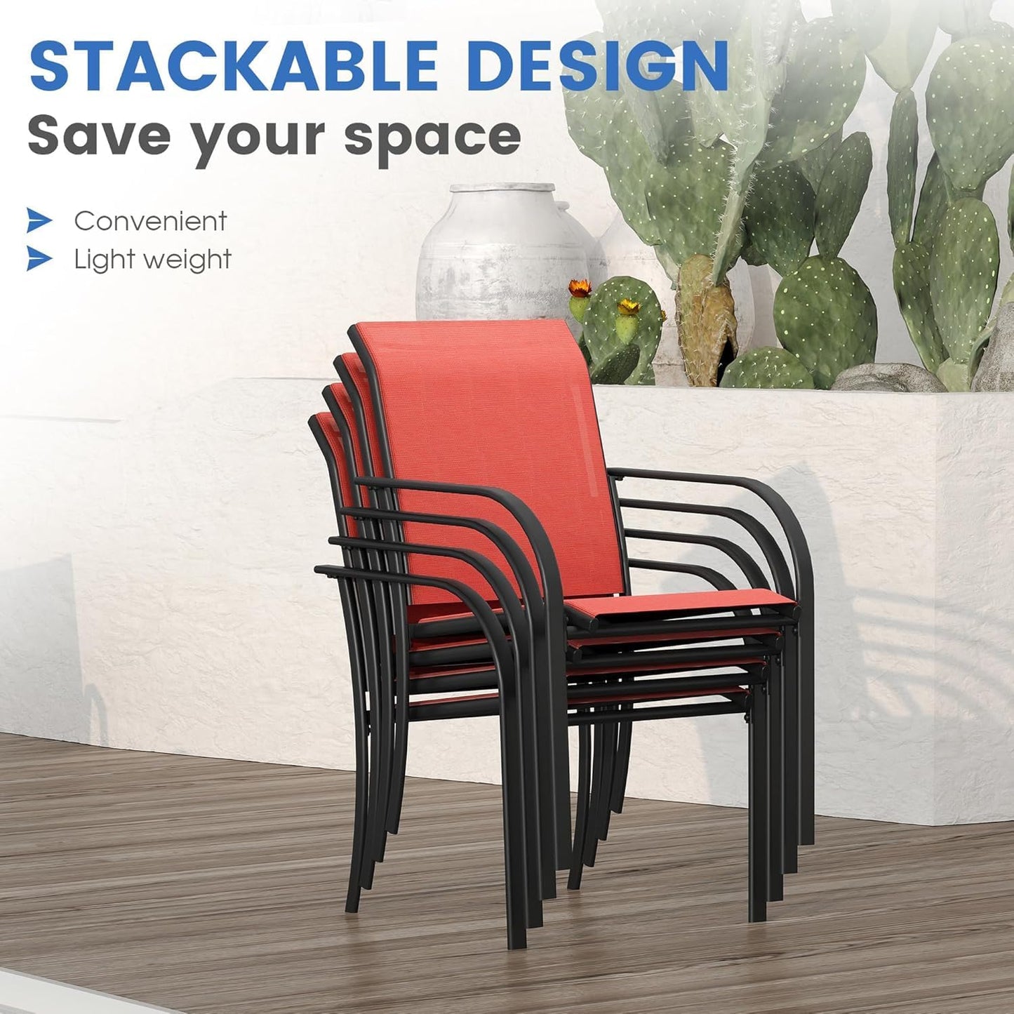 VICLLAX Patio Dining Set for 6, Outdoor Furniture Set Includes 59" Rectangle Patio Table and 6 Patio Sling Chairs, Outdoor Table and Chairs for Outsides, Black Tabletop and Red Fabric