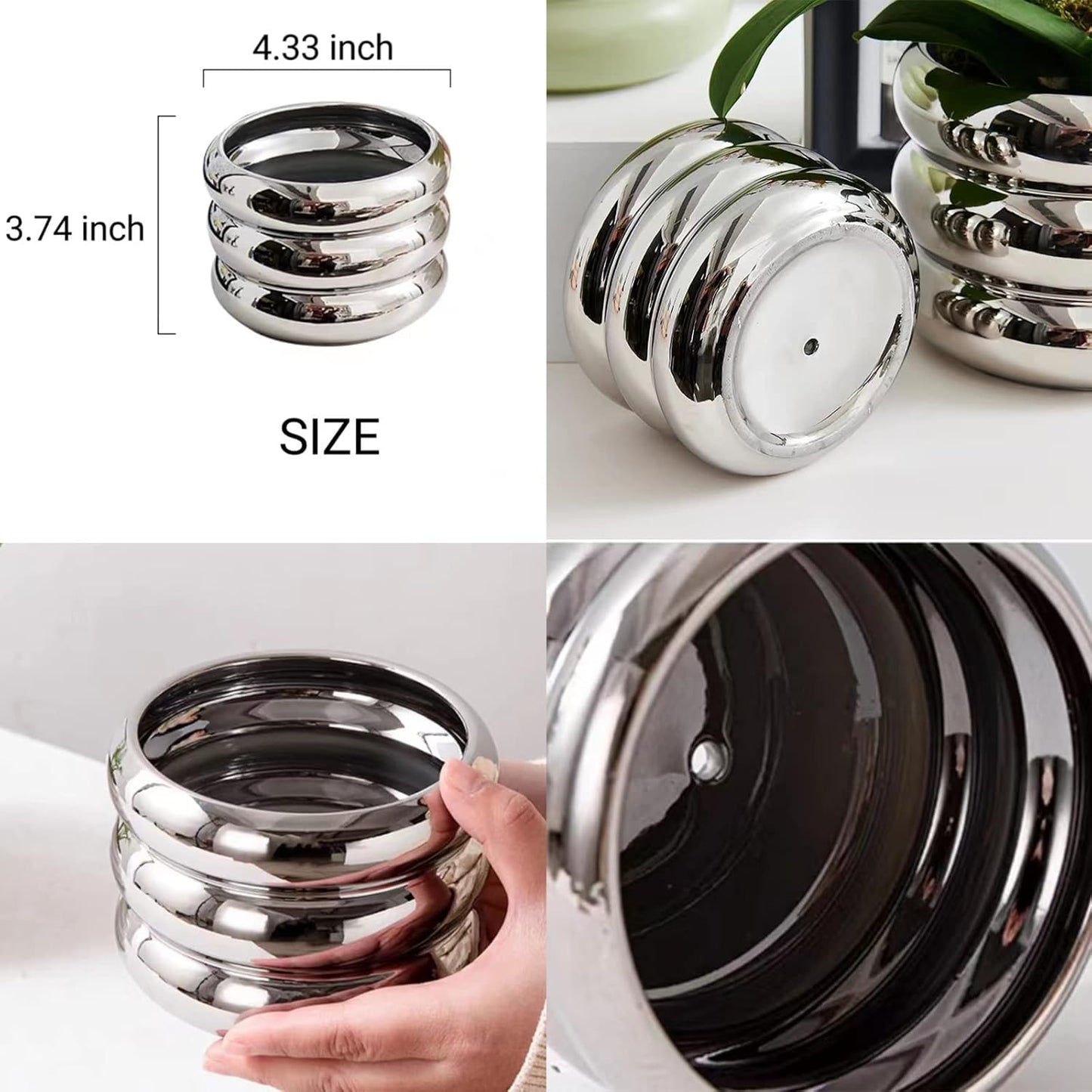 Ceramic Plant Pot Indoor, 4.7 Inch Flower Pot with Drainage Hole, Small Bubble Design Ceramic Planter for Home & Office Decor (Silver)