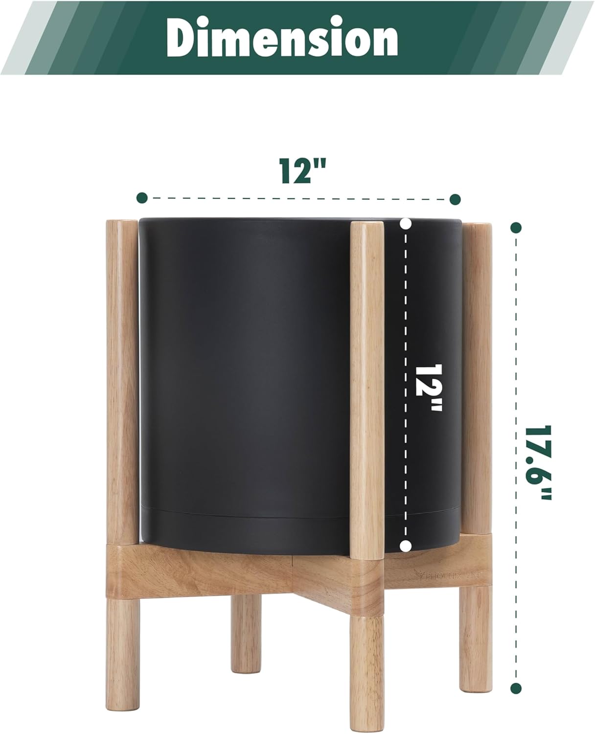 D'vine Dev Planter Pot with Stand - 12 Inch Plastic Cylinder Flower Pot with Wood Planter Holder for Indoor, Matte Black Pot + Natural Stand, 55-C-P-2