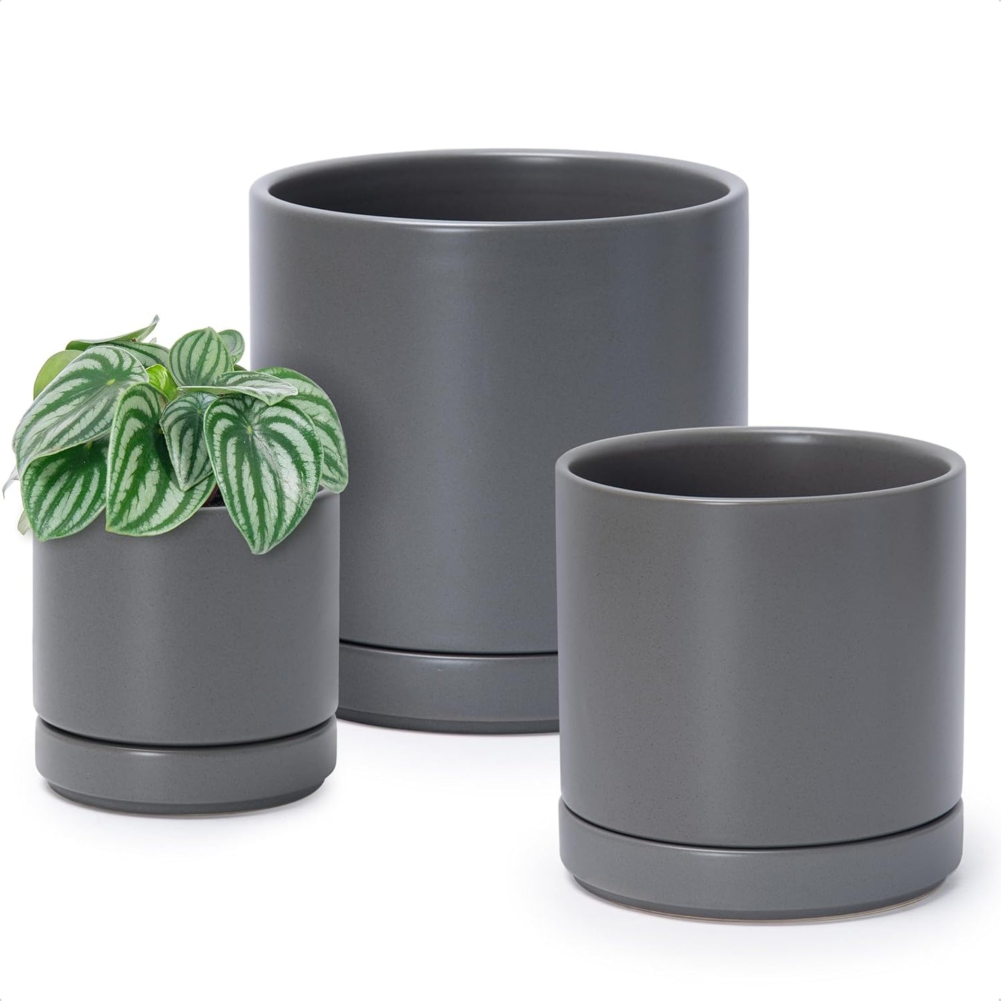 D'vine Dev 4 Inch & 6 Inch & 8 Inch, Set of 3 Round Ceramic Planter Pot with Drainage Hole and Saucer, Grey, 94-T-M-3
