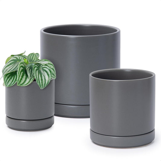 D'vine Dev 4 Inch & 6 Inch & 8 Inch, Set of 3 Round Ceramic Planter Pot with Drainage Hole and Saucer, Grey, 94-T-M-3