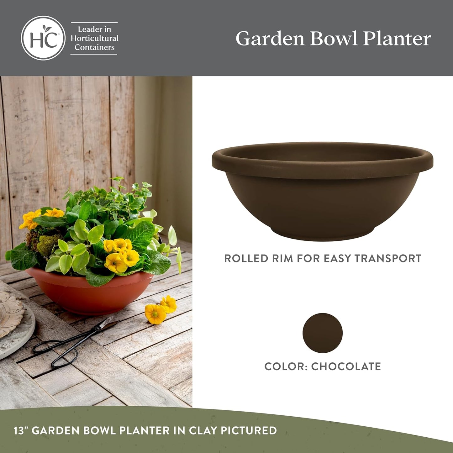 The HC Companies Shallow Planter with Drainage - Contemporary Garden Bowl Planter for Flowers, Herbs & More - Round Succulent Planter Pot for Indoors and Outdoors (20" Chocolate, Pack of 2)