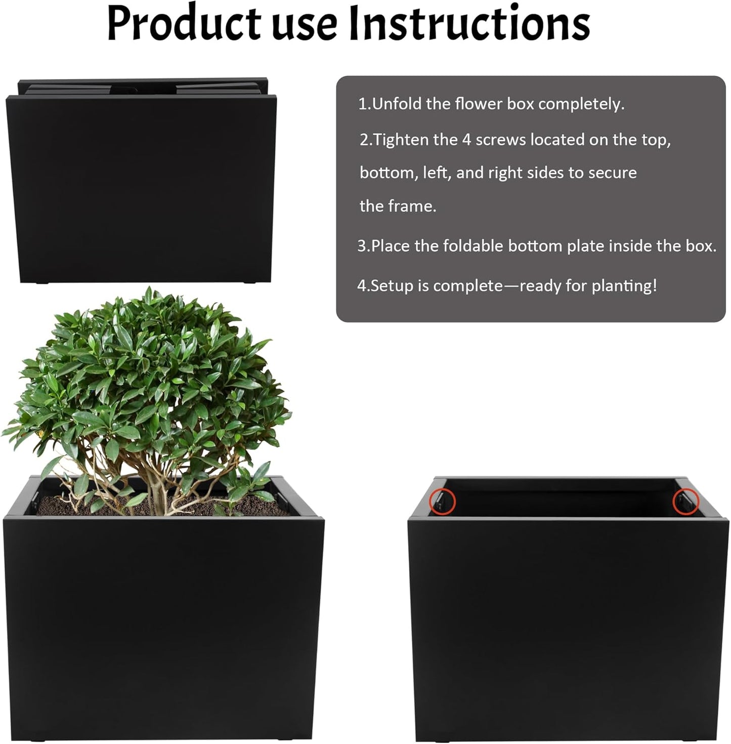Galvanized Steel Rectangular Planter, 16"x 12"x 12" Small Planters for Outdoor Plants, Black Outdoor Planter with Drainage Holes