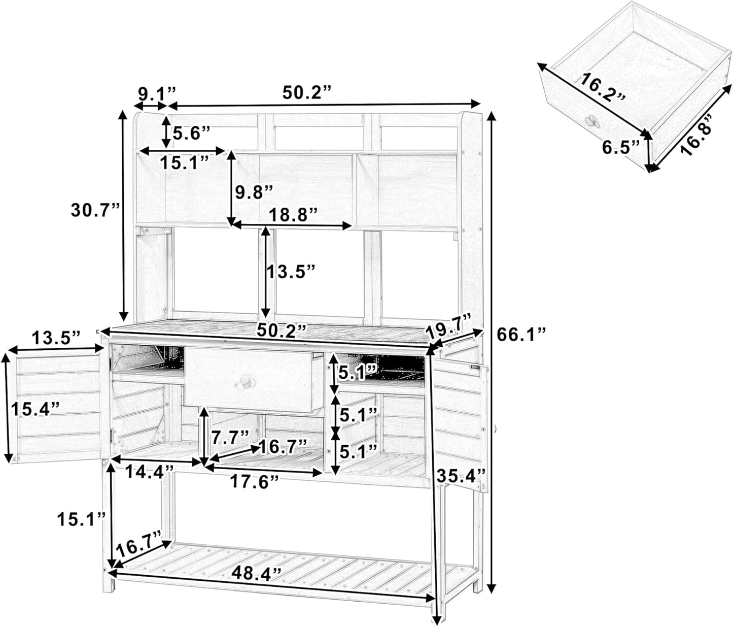 Outdoor Potting Bench-Fir Wood Garden Work Table with Hutch &Storage-Rustic Planting Station for Backyard, 50.2"x19.7" x66.1" (Natural) (White + Wood + Country Style)