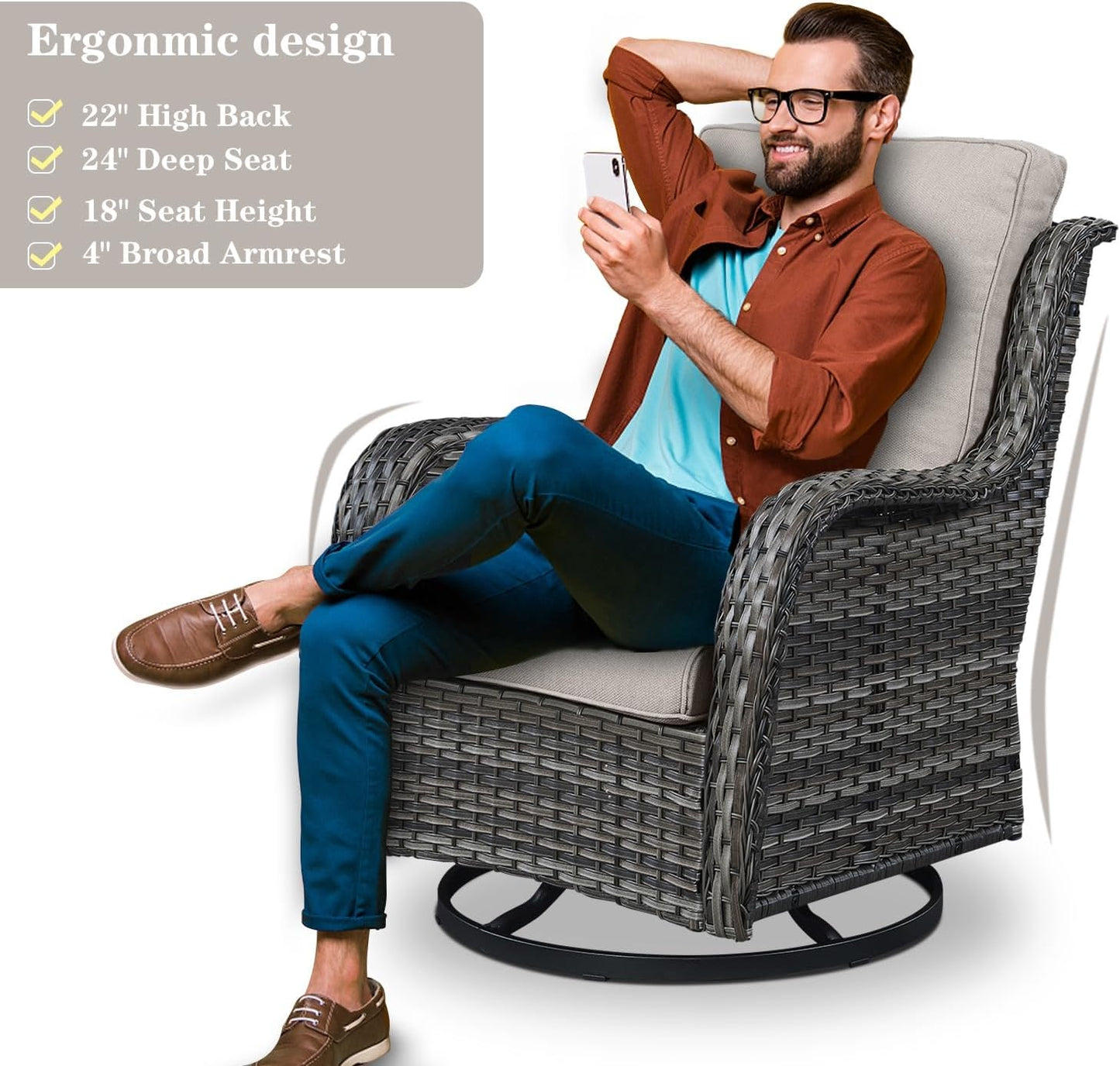 3 PCS Patio Furniture Set - Mixed Grey Wicker Swivel Rocking Chairs with Side Table, Furniture Set for Outdoor