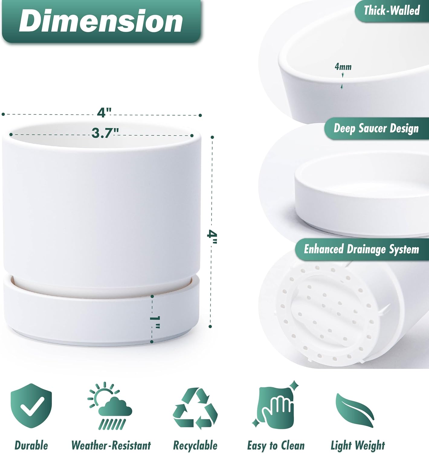 Phoenix Vine 4 Inch Planter Pot with Drainage Hole & Saucer, Deep Water Catch Tray, Straight Cylindrical Round Pot for Plants, Matte White, Pack of 4, 23-B-R-4