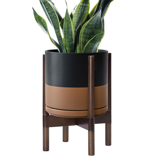 D'vine Dev Ceramic Planter with Walnut Color Stand - 10 Inch Modern Round Flower Pot with Wood Planter Holder, Black/Speckled Tan, 55-B-X-7