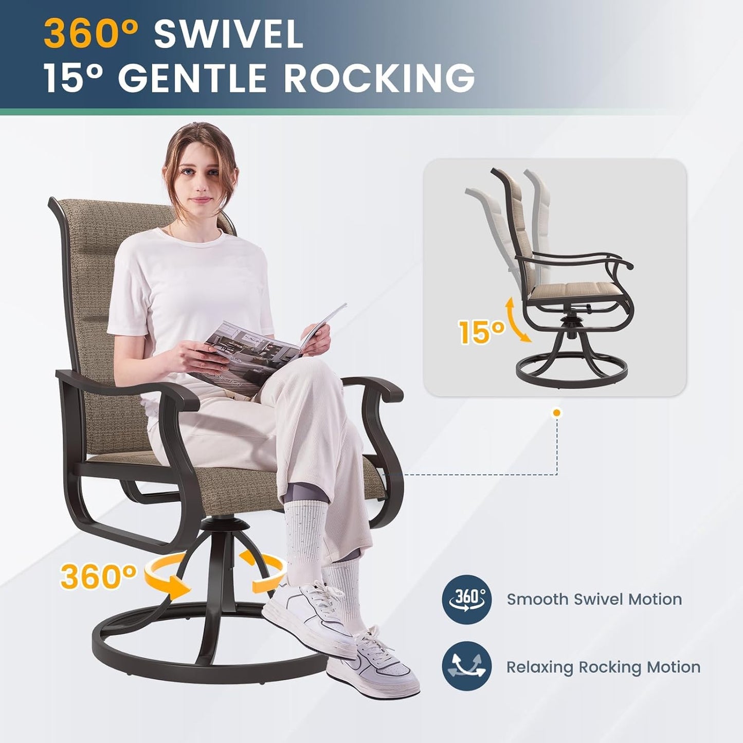 Amopatio Padded Patio Swivel Chairs Set of 8, Outdoor Dining Chairs with Ultra Soft Textilene High Back Seat & Metal Rocker Frame, for Backyard Deck Lawn Garden, Brown