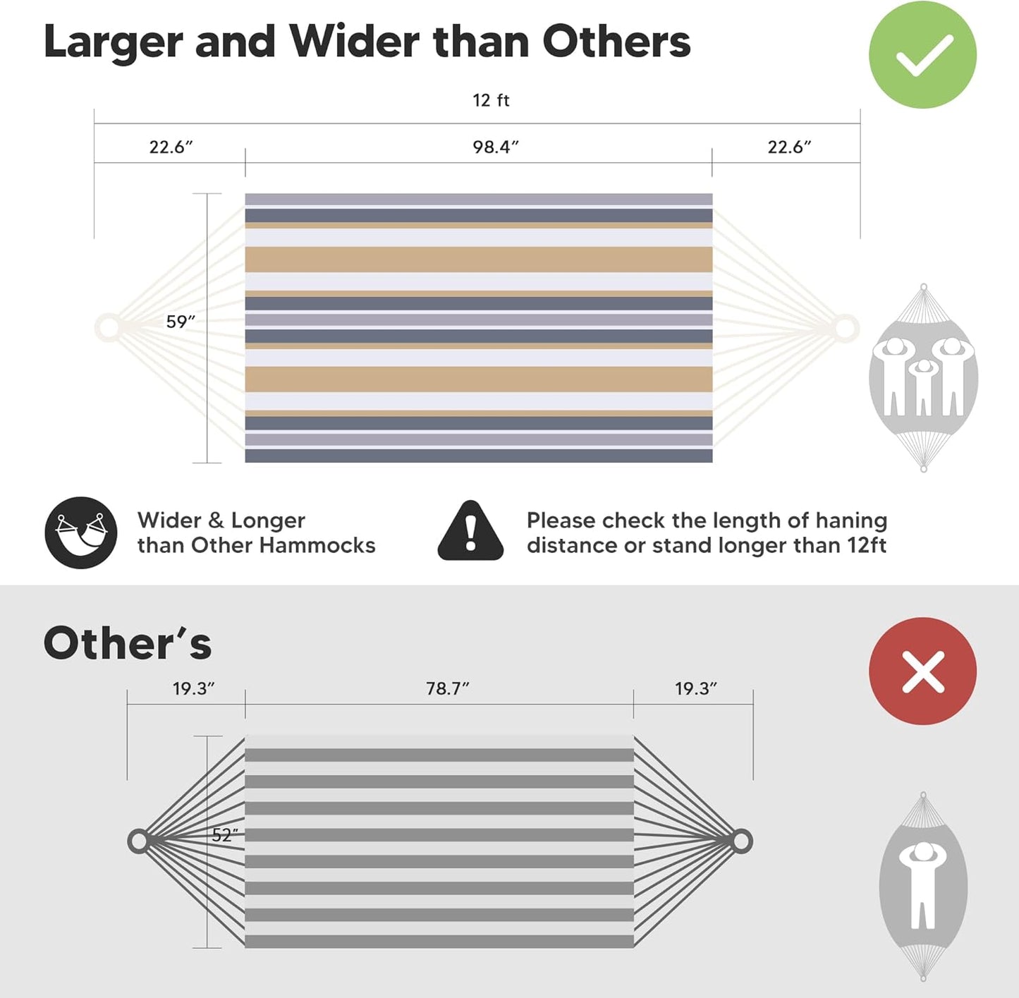 SUNCREAT Large Hammock for Tree, Outdoor Tree Fabric Hammock Only, Coffee Stripes