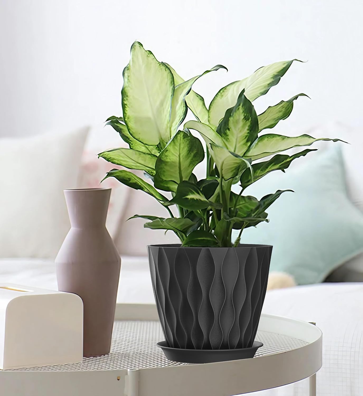 7 Inch Plant Pots 5 Pack, Flower Planters with Drainage Holes and Trays,Plastic Pots for Indoor Outdoor Plants,Black