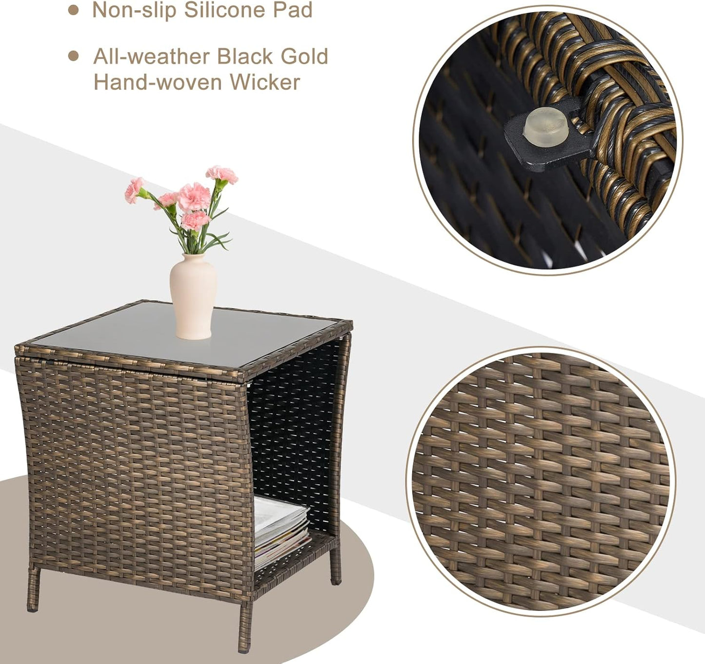 Outdoor Small Patio Table - PE Rattan Coffee Table, Wicker Side Table for Patio, Balcony & Porch, Durable & Iron Frame (1, Dark Blonde)