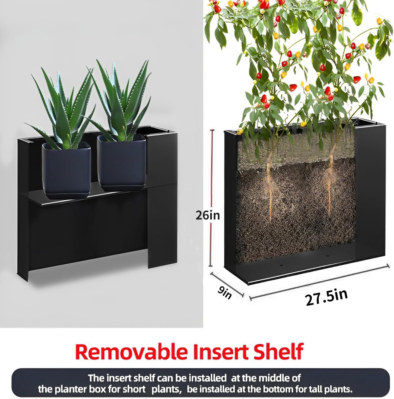 Metal Tall Long Planter Box Large Rectangular Planter Flower Pot with Drainage Holes for Indoor Outdoor Deck Porch Garden Home Patio Front Door (Black, S)