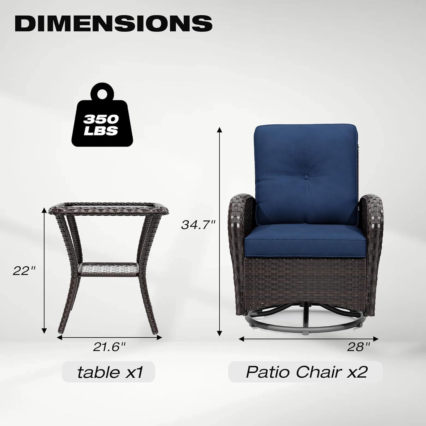 Joyside Outdoor Swivel Rocker Chairs, 3 Piece Wicker Patio Set with Thick Cushion and Side Table, Rattan Patio Swivel Rocking Chairs for Porch, Deck Use (Brown/Blue, 3 PCS)