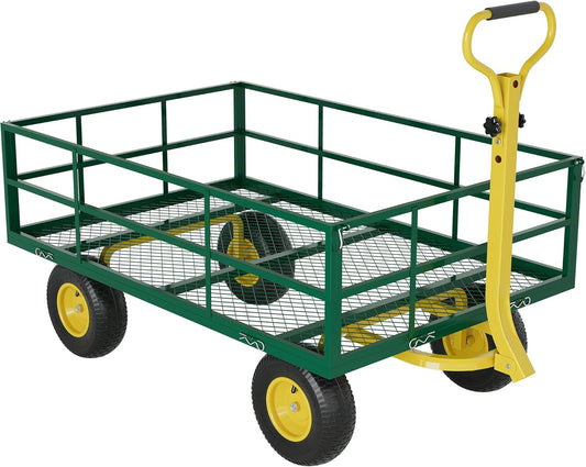 3-in-1 Heavy-Duty Steel Garden Cart, 1200 Lbs Garden Wagon, with 13 Inch All-Terrain Tires and Removable Mesh Side Panels, 180° Rotating Handle, Metal Multi-Function Carts, Outdoor Gardens Wagon Cart